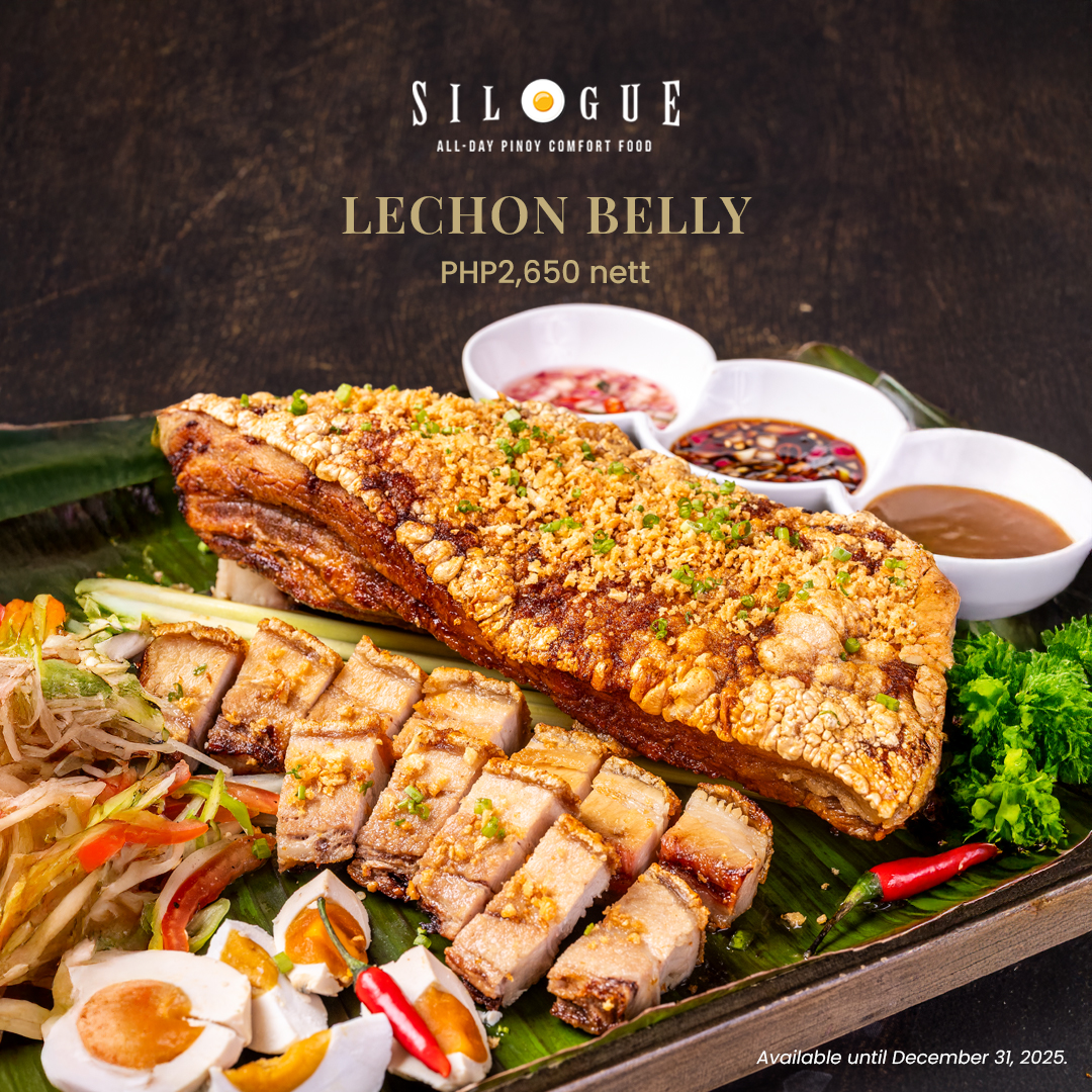 Crispy fried pork belly served with fresh ensalada,  salted egg, and Filipino dipping sauces.
