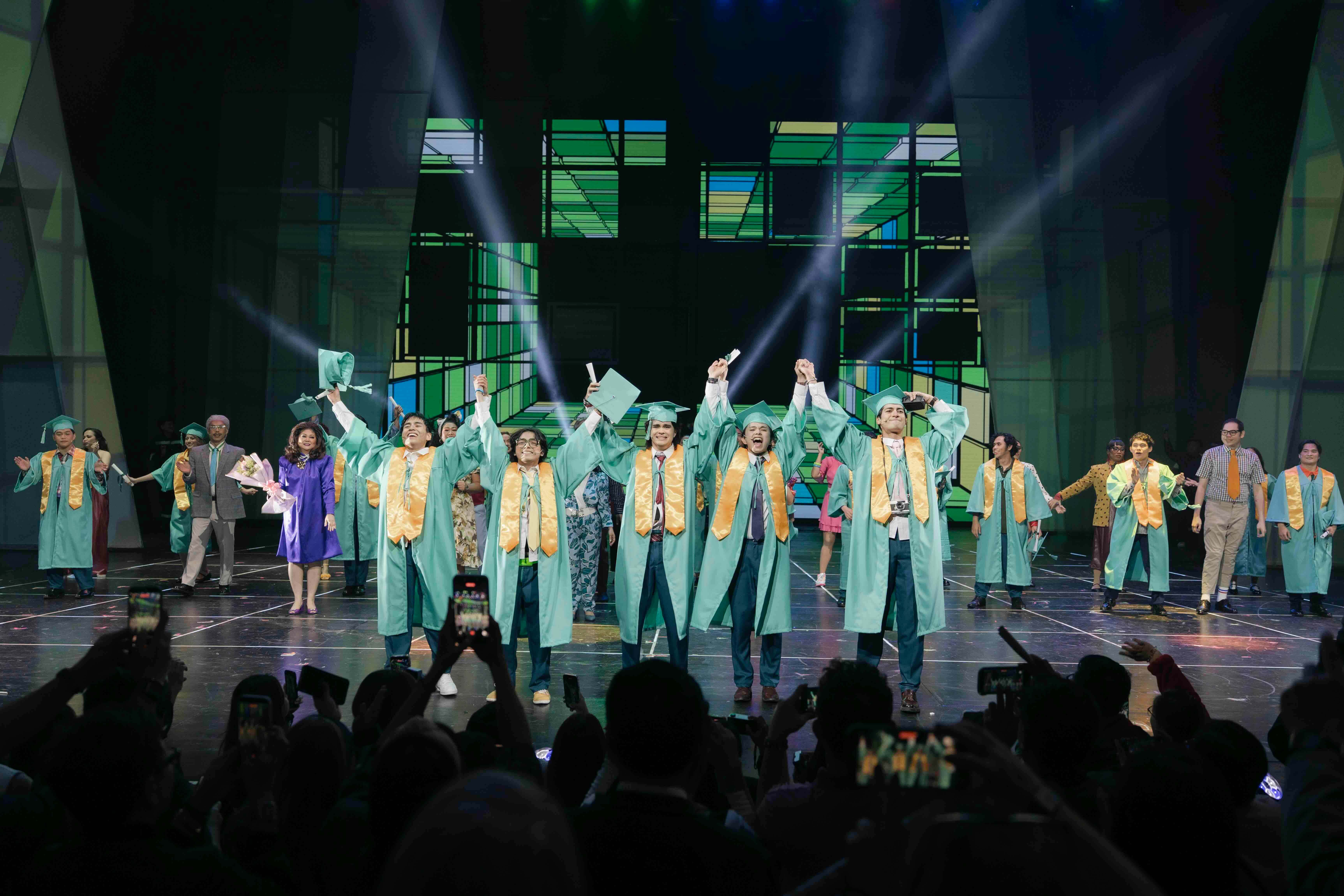 From left: Sam Shoaf as Topee, Noel Comia Jr. as Gilbert, Milo Cruz as Tonton, Ethan David as Arnel, and Andres Muhlach as Adie at the opening night of Bagets The Musical.